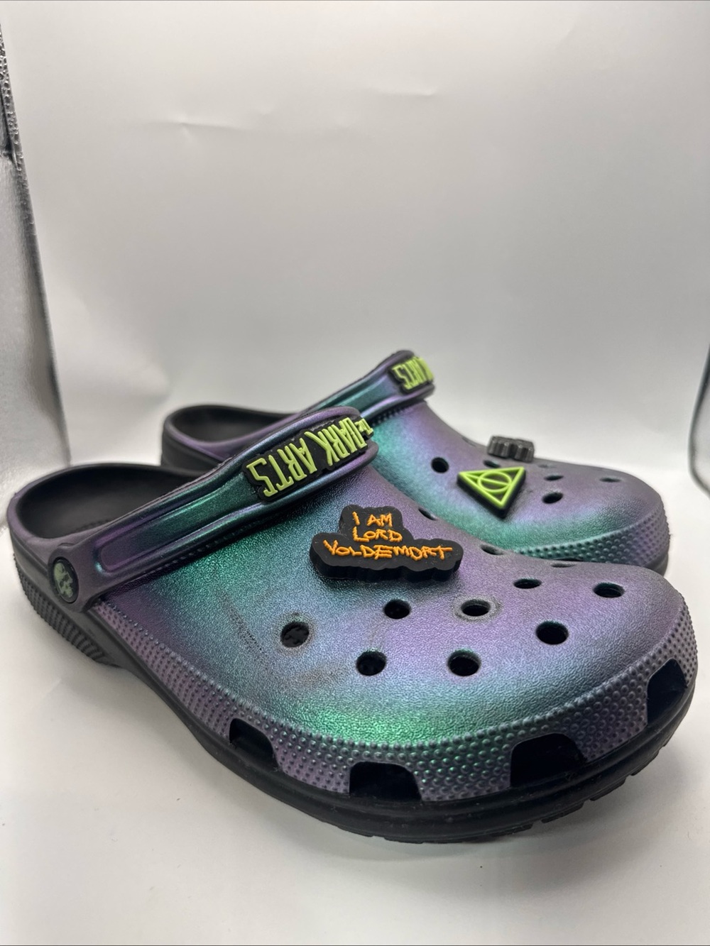 Iridescent Purple Crocs Classic Clogs Harry Potter Voldemort Dark Arts M 8 W 10